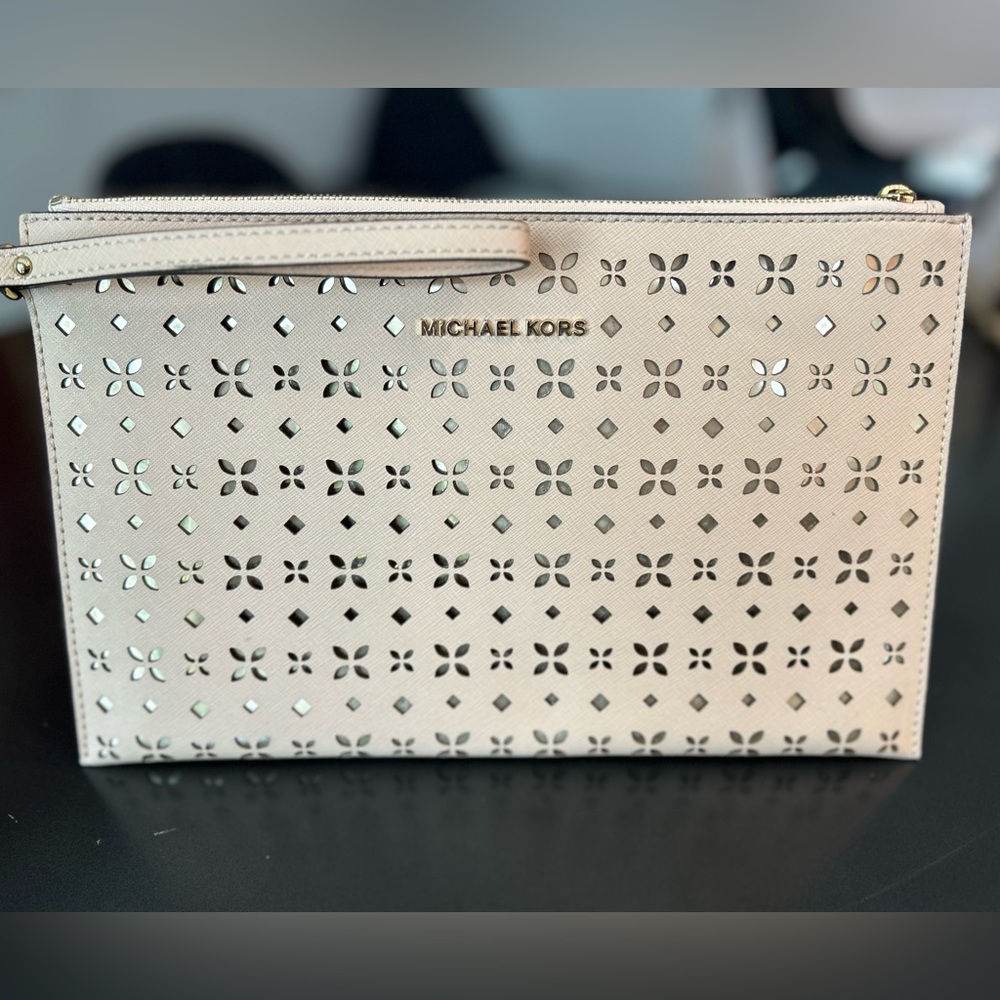 Michael Kors Large Leather Clutch, soft neutral tan
